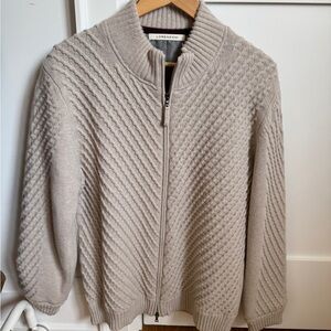 Lorenzo Beige Ribbed Knit Zip-Up Sweater